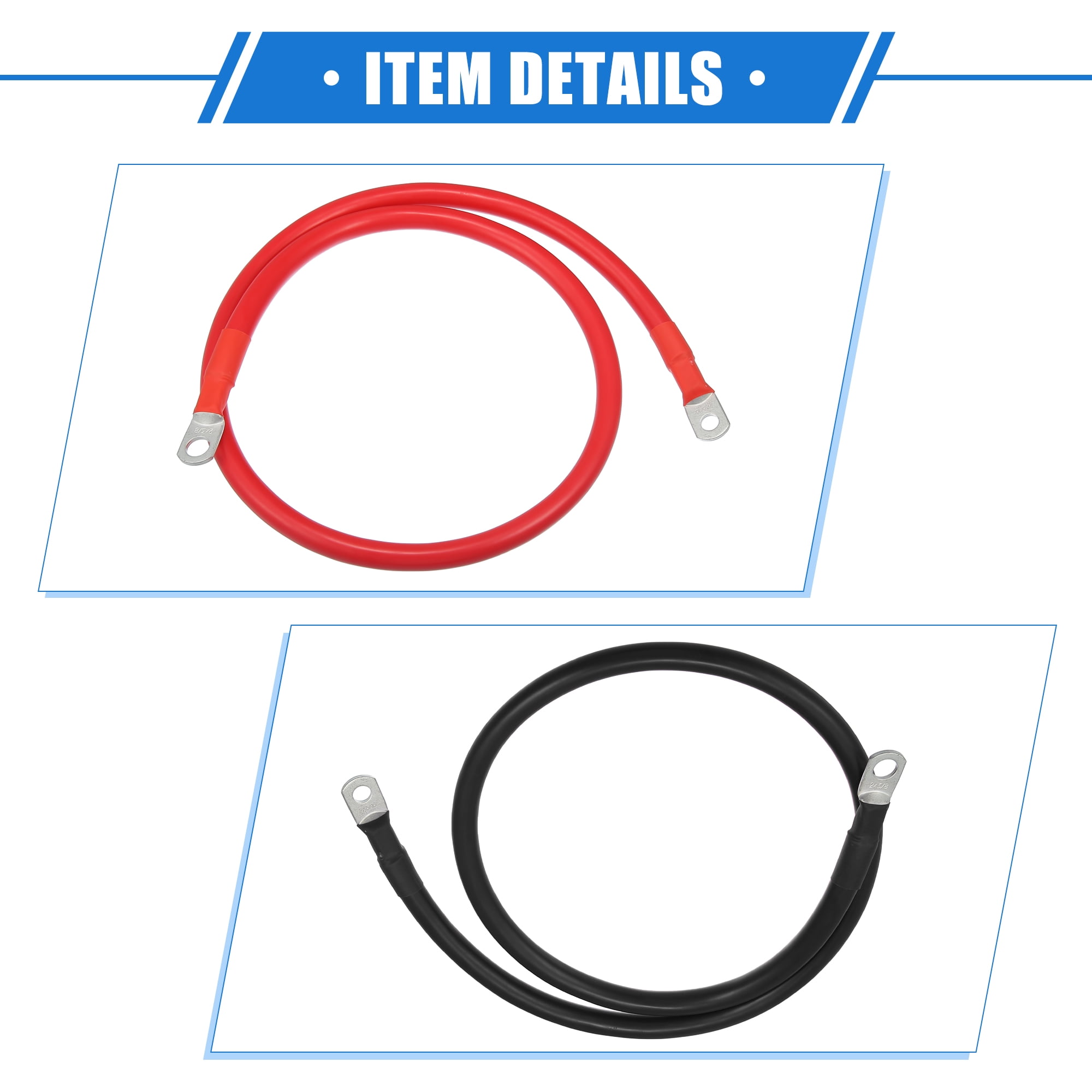 Unique Bargains 1 Pair 2 AWG Gauge 3ft Battery Inverter Cable with 3/8" 5/16" Ring Universal for Car Vehicle Black Red