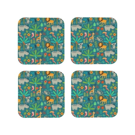 

Leather Coasters of 4 Jungle Animals colorful Drink Coasters Foe Tabletop Protection Funny Desk Coasters Good Housewarming Gifts Square