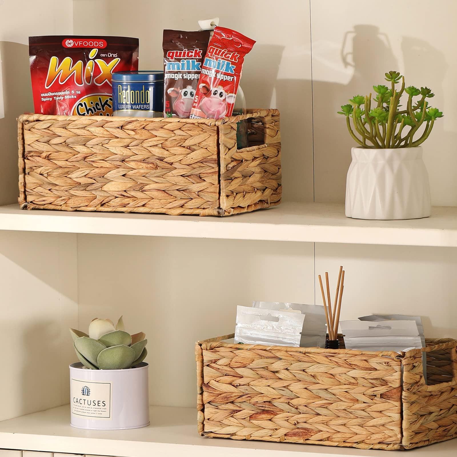 Bevtee Wicker Storage Basket, 2 Pack Hand-Woven Water Hyacinth Storage Basket for Shelves, Foldable Cube Organizer Bins