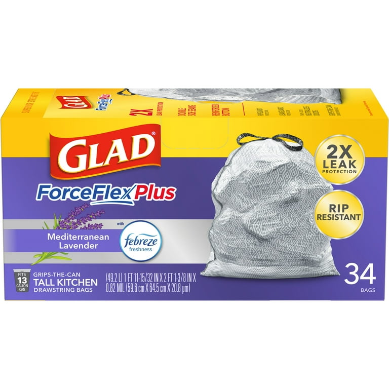 Glad ForceFlexPlus Tall Kitchen Drawstring Trash Bags - 13 Gallon Grey  Trash Bag, Lavender with Febreze Freshness 34 Count (Package May Vary)