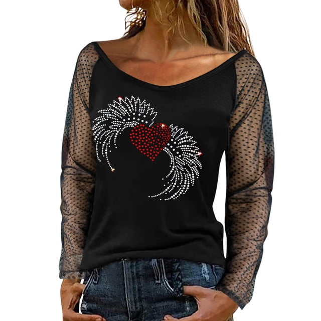 TSADFHJI Longues T-Shirt à Manches pour Femmes Noir Léger Chandail Aguichant Haut à Manches Longues Design en Filet Rhinestine Col Rond Automne Hiver Décontracté Chemise à Bretelles pour Fête TTTG Rouge