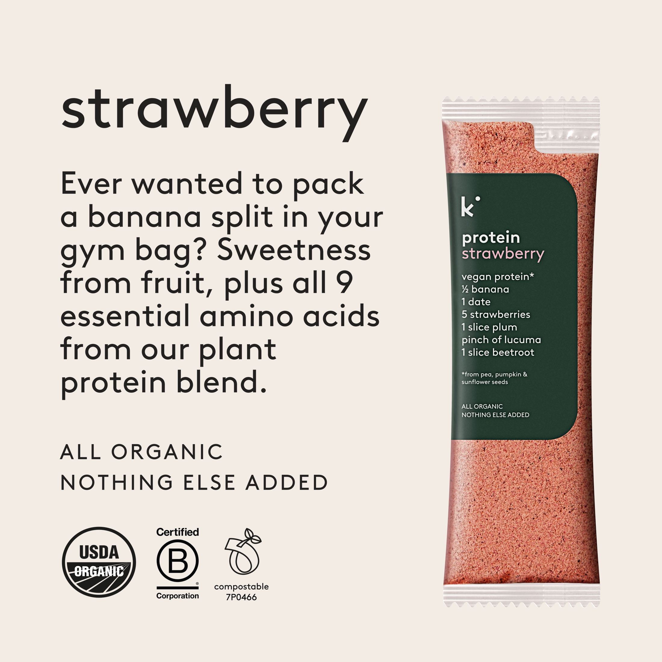 Kencko Strawberry Organic Instant Fruit & Veggie Protein Smoothies, Powdered Drink Mix, 1.23 oz, 4 Pack