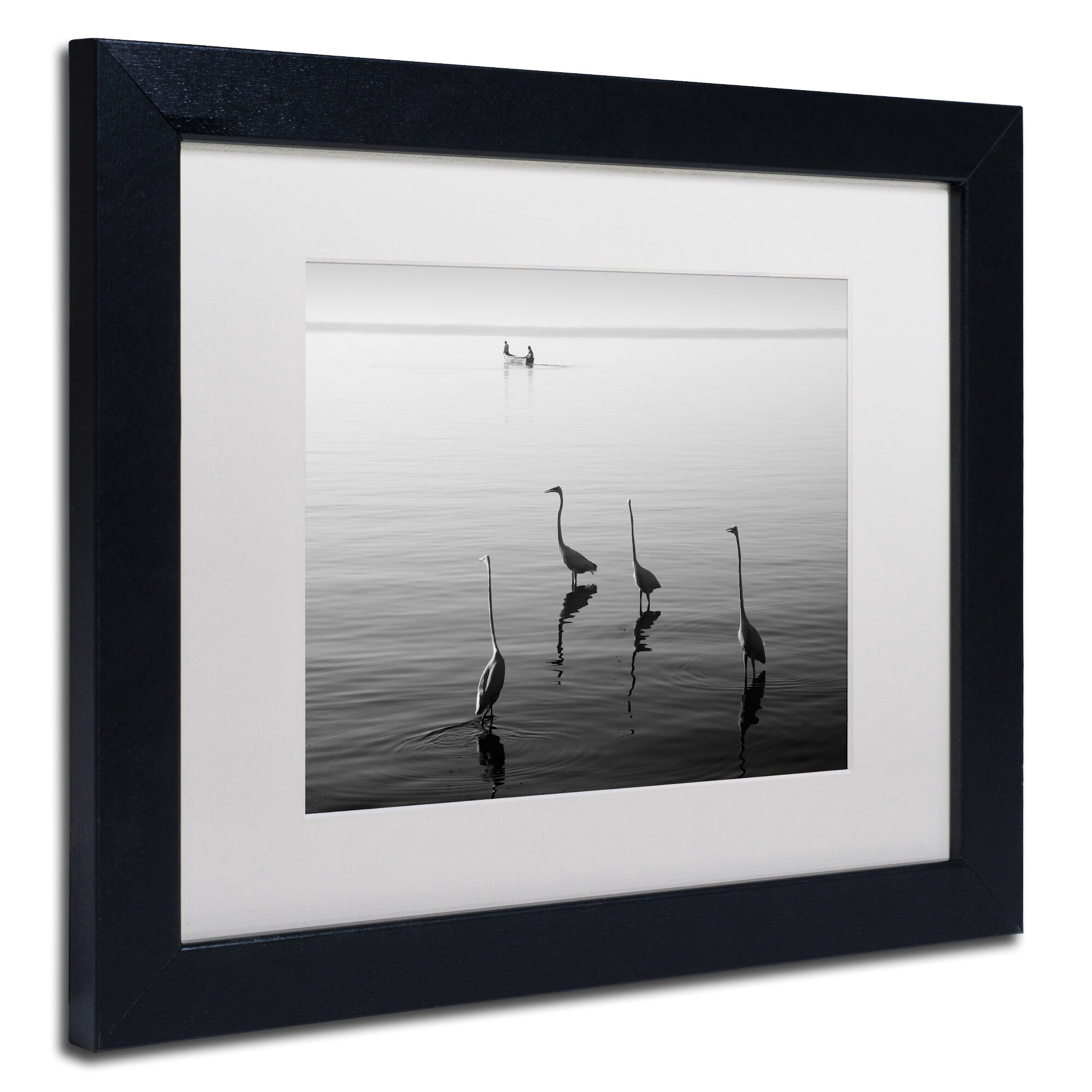 Trademark Fine Art "4 Herons and Boat" Canvas Art by Moises Levy White Matte, Black Frame