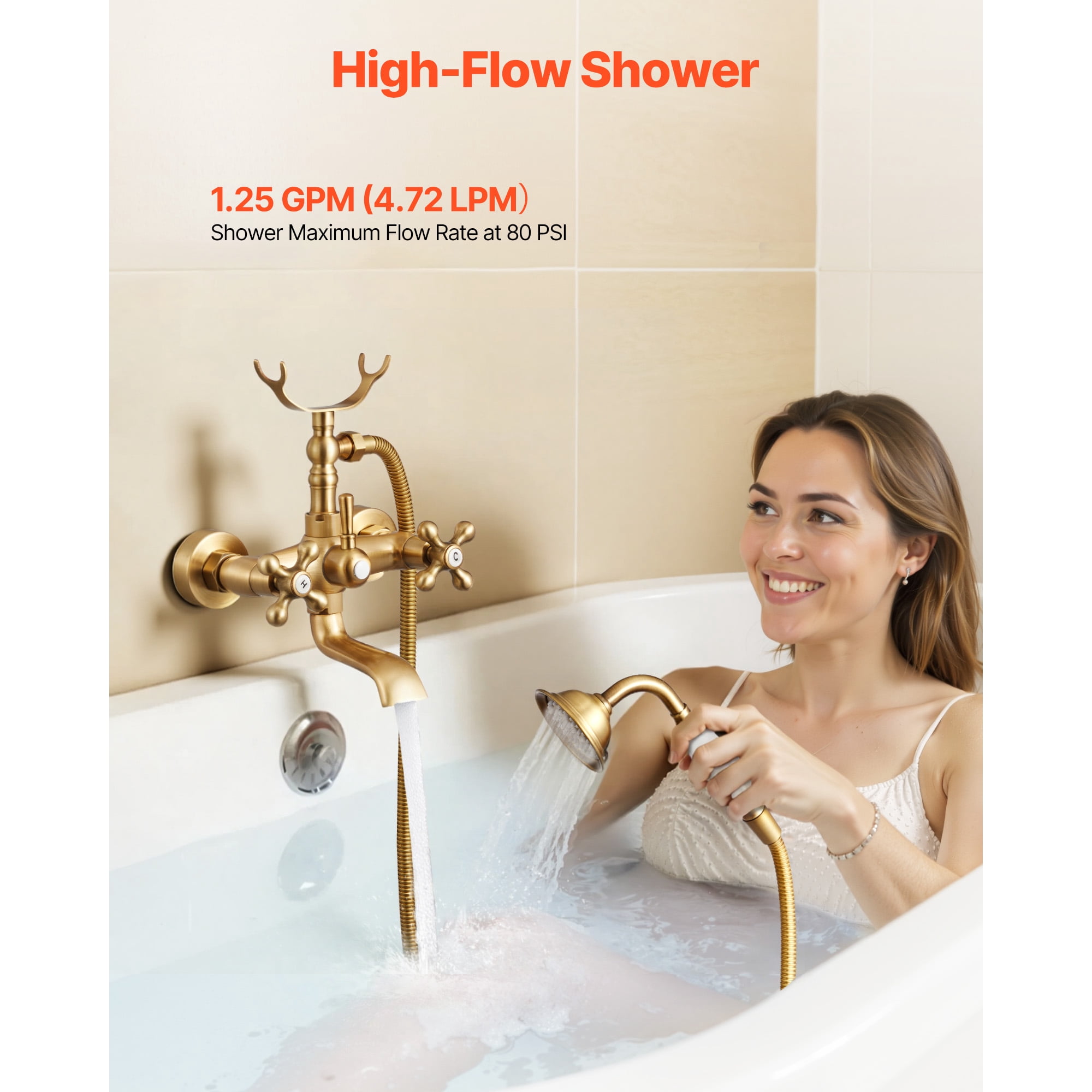 KFFKFF Wall-Mounted Clawfoot Tub Faucet with Handheld Shower, Vintage Brushed Gold Finish, Adjustable Swing Arms, and 360° Rotating Spout for Bathtubs