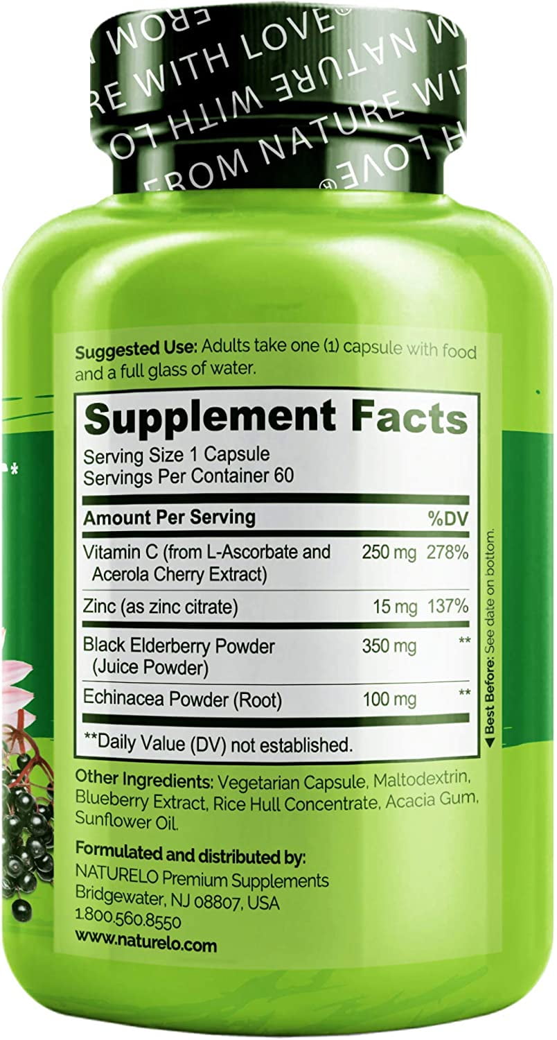 NATURELO Immune Support – Vitamin C, Elderberry, Zinc, Echinacea – Natural Immunity Boost w/Antioxidant, Herbal & Mineral Defense - 60 Vegan Capsules
