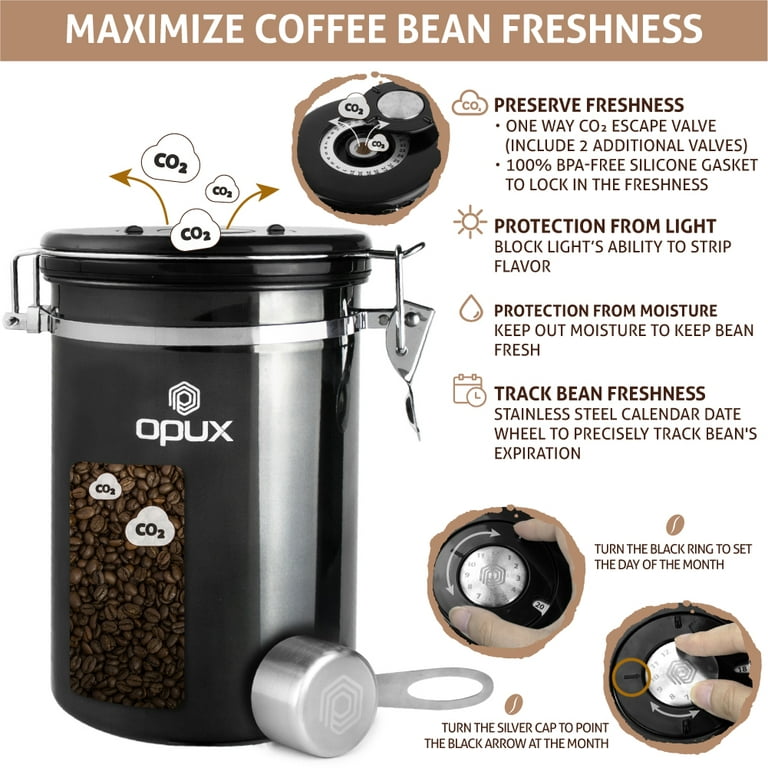 OPUX Coffee Canister, Stainless Steel Airtight Coffee Container with Scoop, Coffee Storage for Coffee Beans, Ground, Tea with Co2 Valve and Date  Tracker