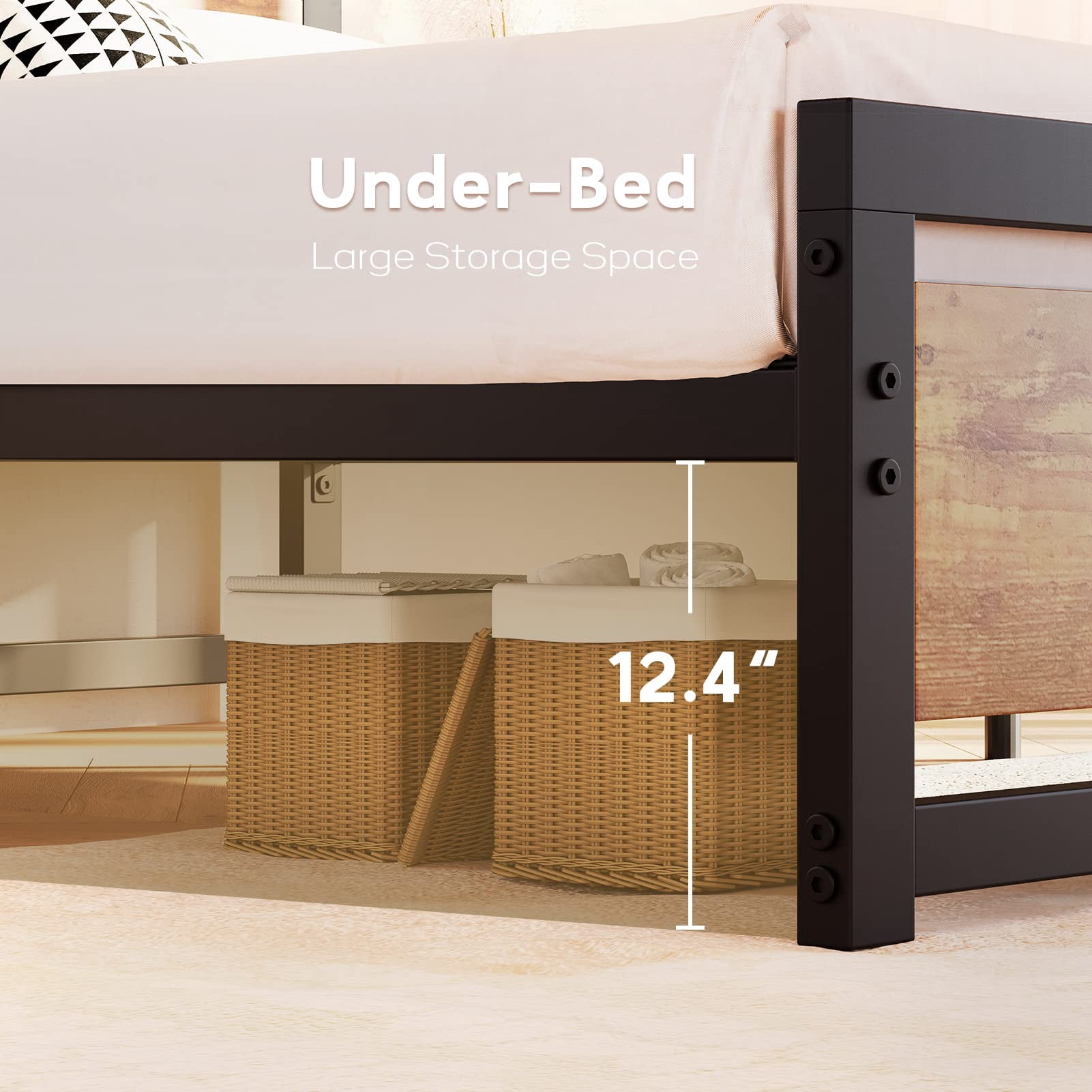 Towallmark King Size Bed Frame with Wooden Headboard, King Bed Platform Metal Bedframe Easy to Assemble, Industrial 14 inch Noise Free, Rustic Brown