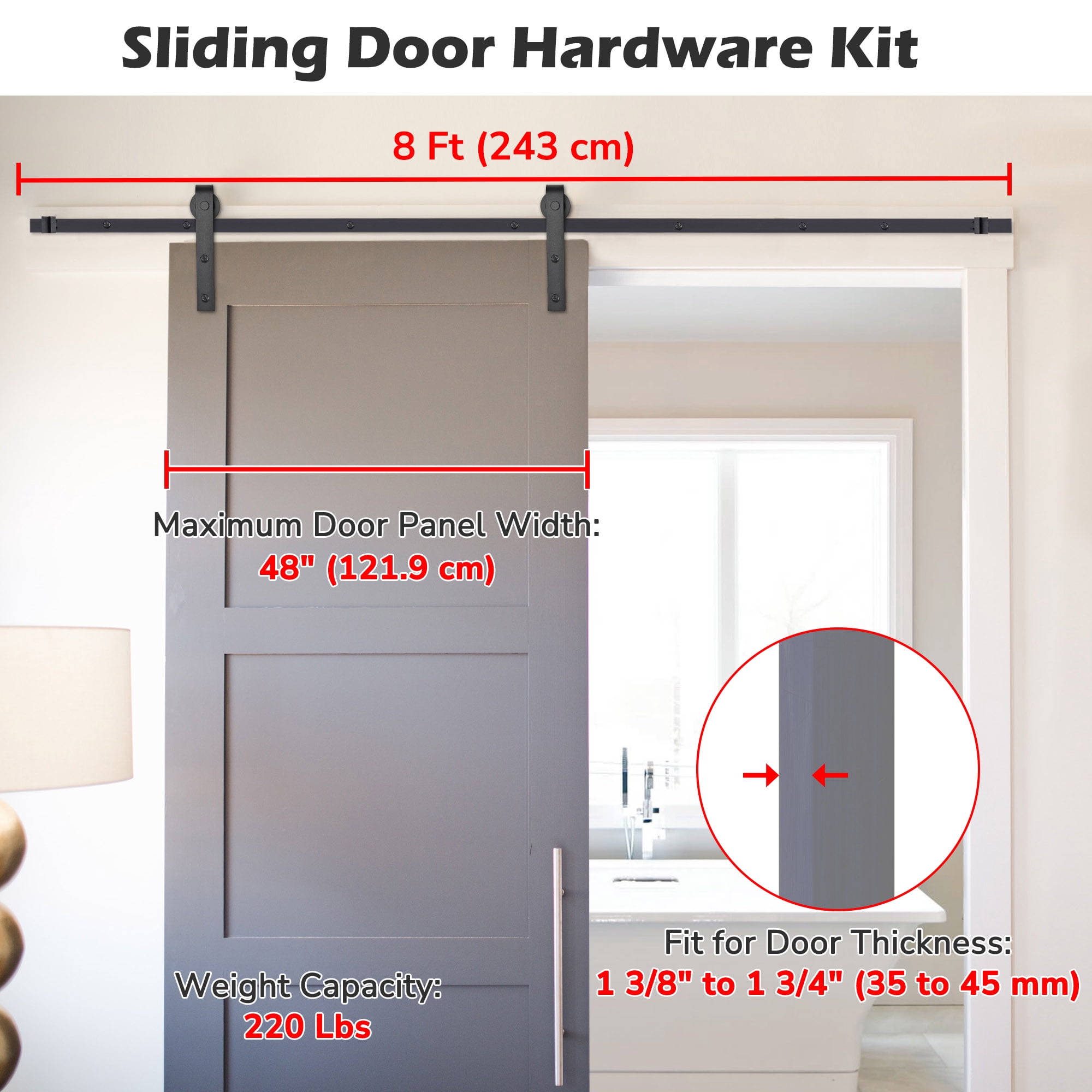 Aquaterior 8ft Sliding Barn Door Hardware Kit Single Door Hang Black Finsih 6x Tracks Count per Pack
