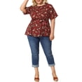 thumbnail image 2 of Unique Bargains Women's Plus Size Summer Ruffle Short Sleeve Tops Chiffon Floral Blouse 3X Burgundy, 2 of 7