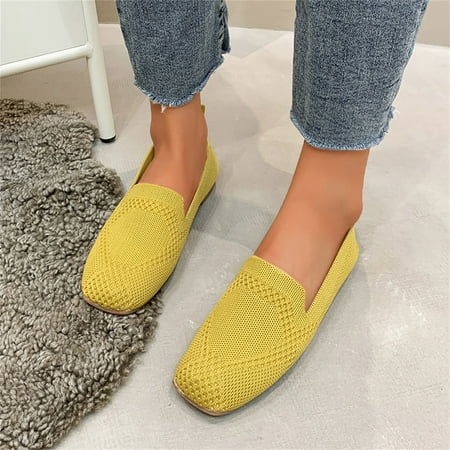 

ERTUTUYI Ladies Fashion Square Toe Knit Hollow Out Breathable Flat Soft Sole Casual Shoes Yellow 41