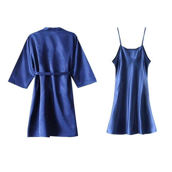 TEAJOPSUU Women's Silk Nightgown Satin Robe Chemise Set Lace Sleeveless Matching Sleepwear Solid Color Loungewear Blue
