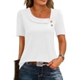 thumbnail image 2 of Going Out Tops for Women Asymmetrical Square Neck Short Sleeve Shirts with Button Lightweight Business Casual Outfits Fashion Trendy Blouses 2026 Summer Beach Vacation Clothes, 2 of 6