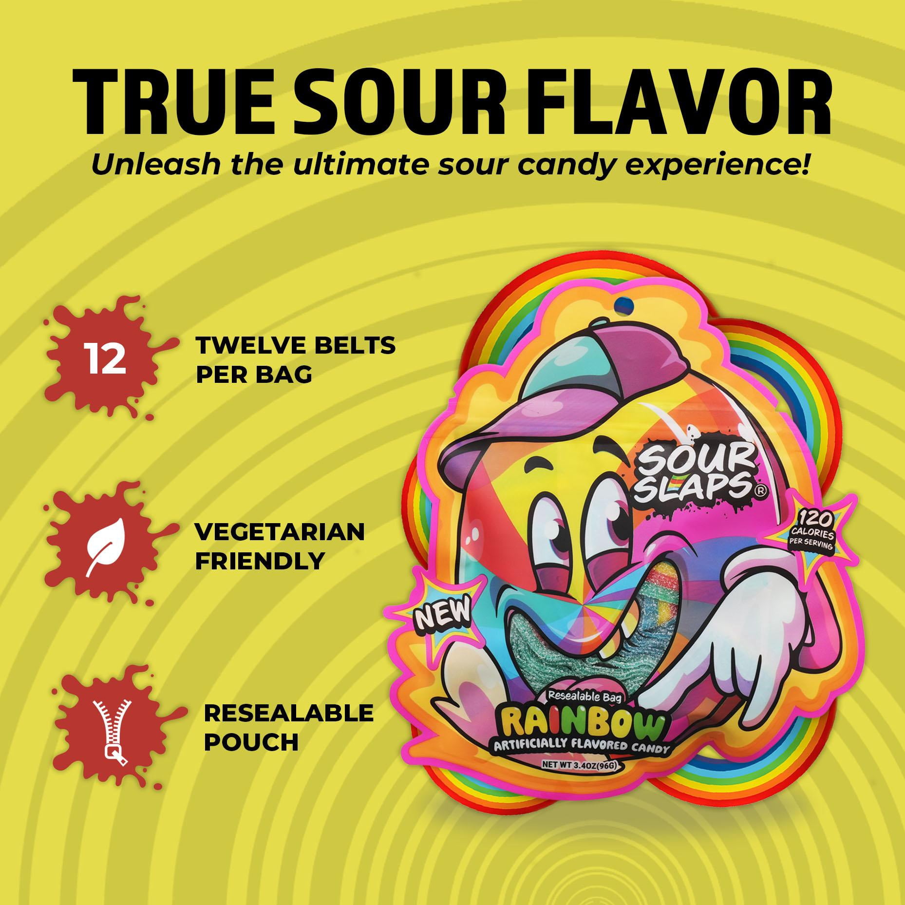 Sour Slaps 9-Pack Flavored Sour Candy Belts - Deliciously Sour, Fresh & Chewy, Extreme Sour Kick, Vegetarian, 9 Mouth Watering Flavors Sweet Snack Fruit Candies Tangy Bonbon