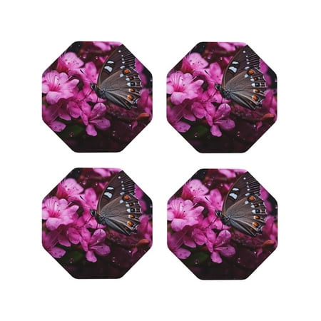 

Honeii Pink Blossoms Butterfly Print Leather Coaster Set of 4 Ideal for Safeguarding Your Furniture from Drinks Spills and Effortless Cleanup-Octagon