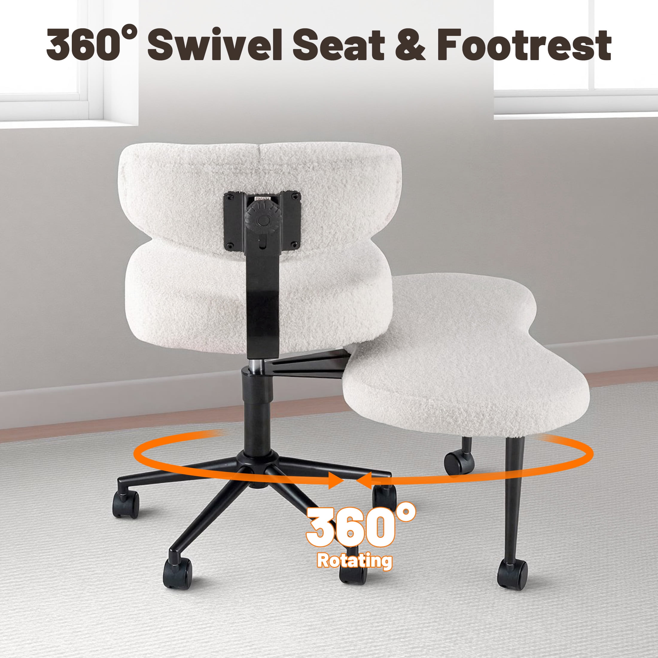 edx Ergonomic Cross Legged Swivel Chair with Back Support, Adjustable Height Meditation Chair, 360° Rotating Footrest, Rolling Office Floor Chair, White