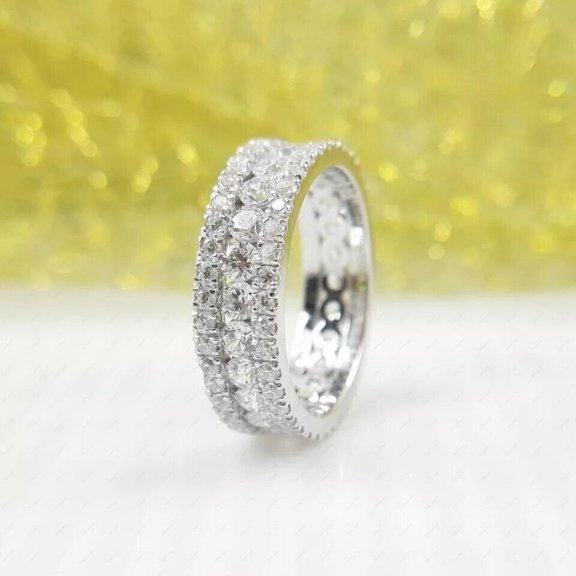 2Ct Round Cut 14K White Gold Plated Natural Moissanite Women's Full Eternity Wedding Band Ring