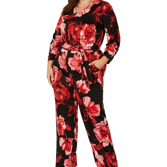 NY Collection Womens Floral Jumpsuit, Black, Petite Plus Size, 1XP