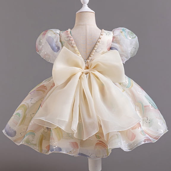 Amzcrzy Toddler Princess Dress 9 Months-5 Years, Pastel Print Puff Sleeve Dress with Back V Neck & Oversized Bow Pearl Trim Girls Party Dress for Birthday Photo Shoot