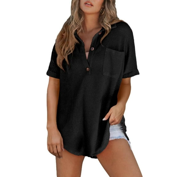 Women Waffle Knit Tops Henley Shirts Short Sleeve V Neck Solid Color Casual Tunic Black L