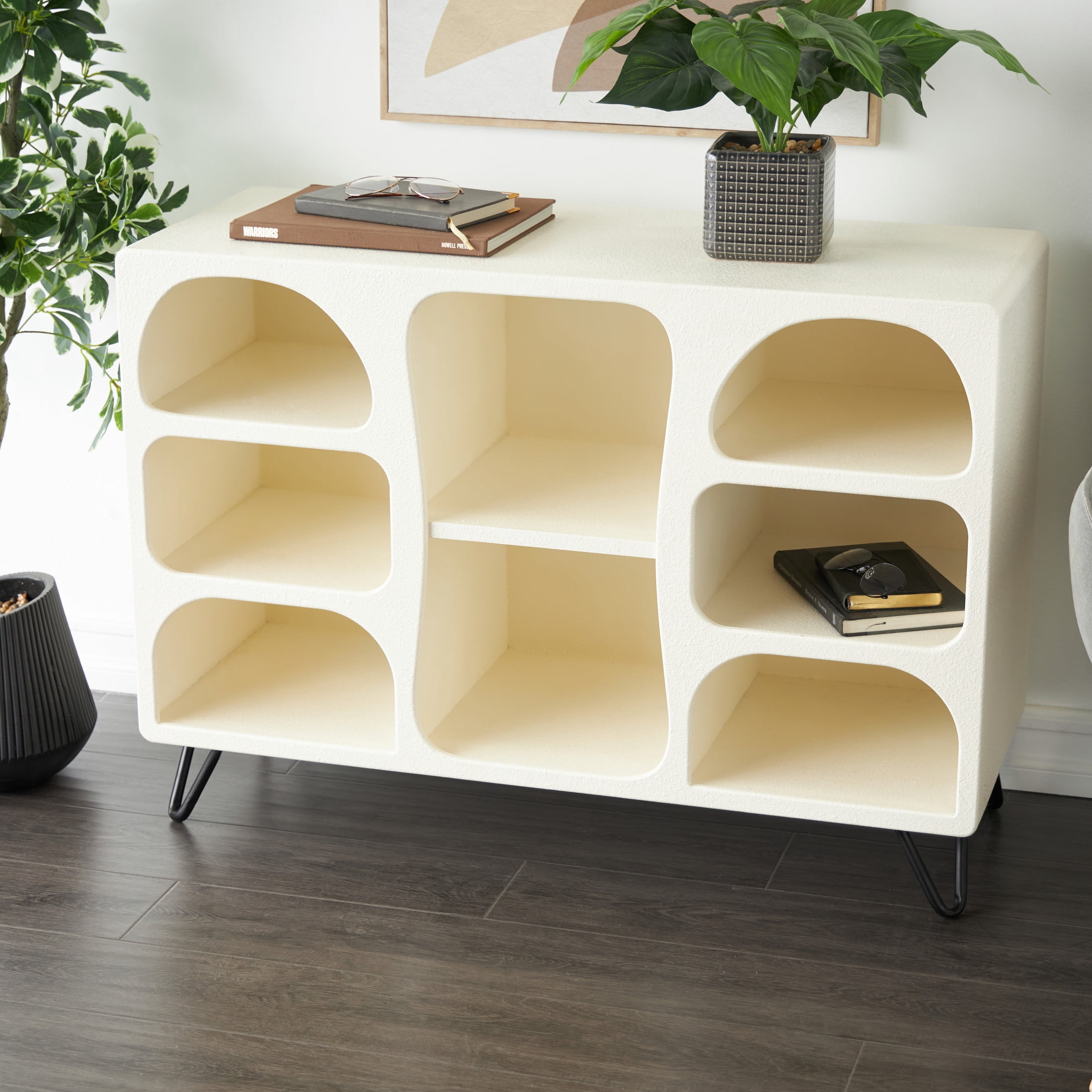 DecMode 40" x 28" Cream Wooden Geometric 8-Tier Shelving Unit with Abstract Block Shapes and Black Hairpin Legs, 1-Piece