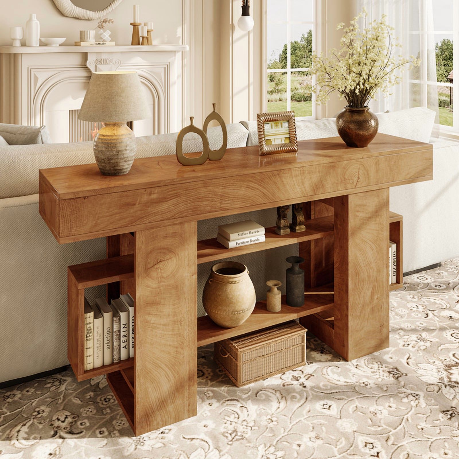 Einhomn 63" Farmhouse Wood Console Table, Modern Entryway Table with Open Storage for Behind Couch, Living Room
