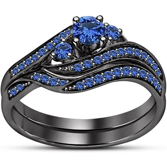 Gems Jewels 925 Sterling Silver 1.90 Ct Round Cut Blue Sapphire Engagement Wedding Thanksgiving Christmas Bridal Ring Set 14K Black Gold Plated For Women's -7.5