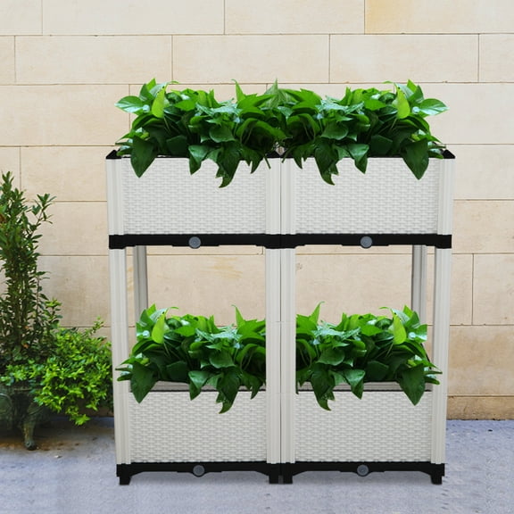 Segmart Elevated Plastic Raised Garden Bed Planter Kit, Set of 4 Self Watering Planters Box for Vegetables Fruits Strawberry Herbs, Outdoor Indoor Planting Container for Balcony, White, SS2176