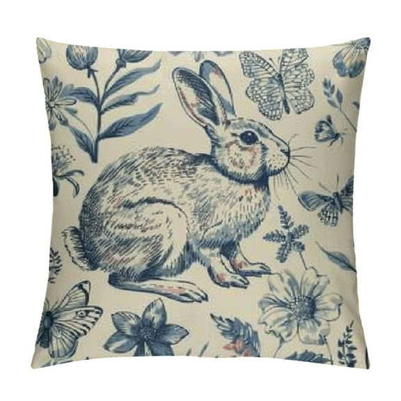 Spring Navy Blue Easter Pillow Covers Rabbit Bunny Floral Leaf Butterfly Botanical Plants Print Decorative Throw Pillows Seasonal Pillow Cases Couch Bed Sofa Decor