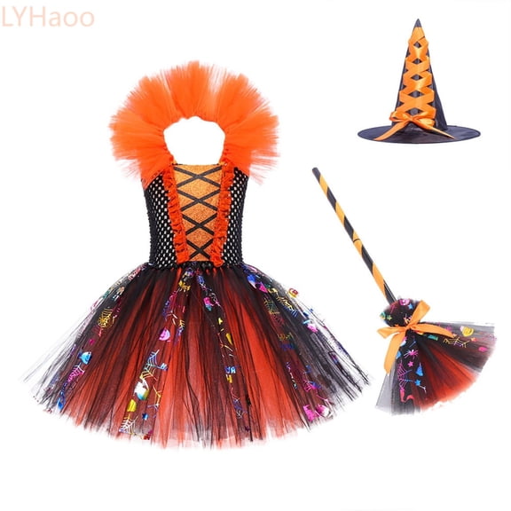 LYHaoo Girls Halloween Witch Tulle Dress, Kids Costume Set with Hat Broom for Toddler Dress Up Party(16-17 Years)