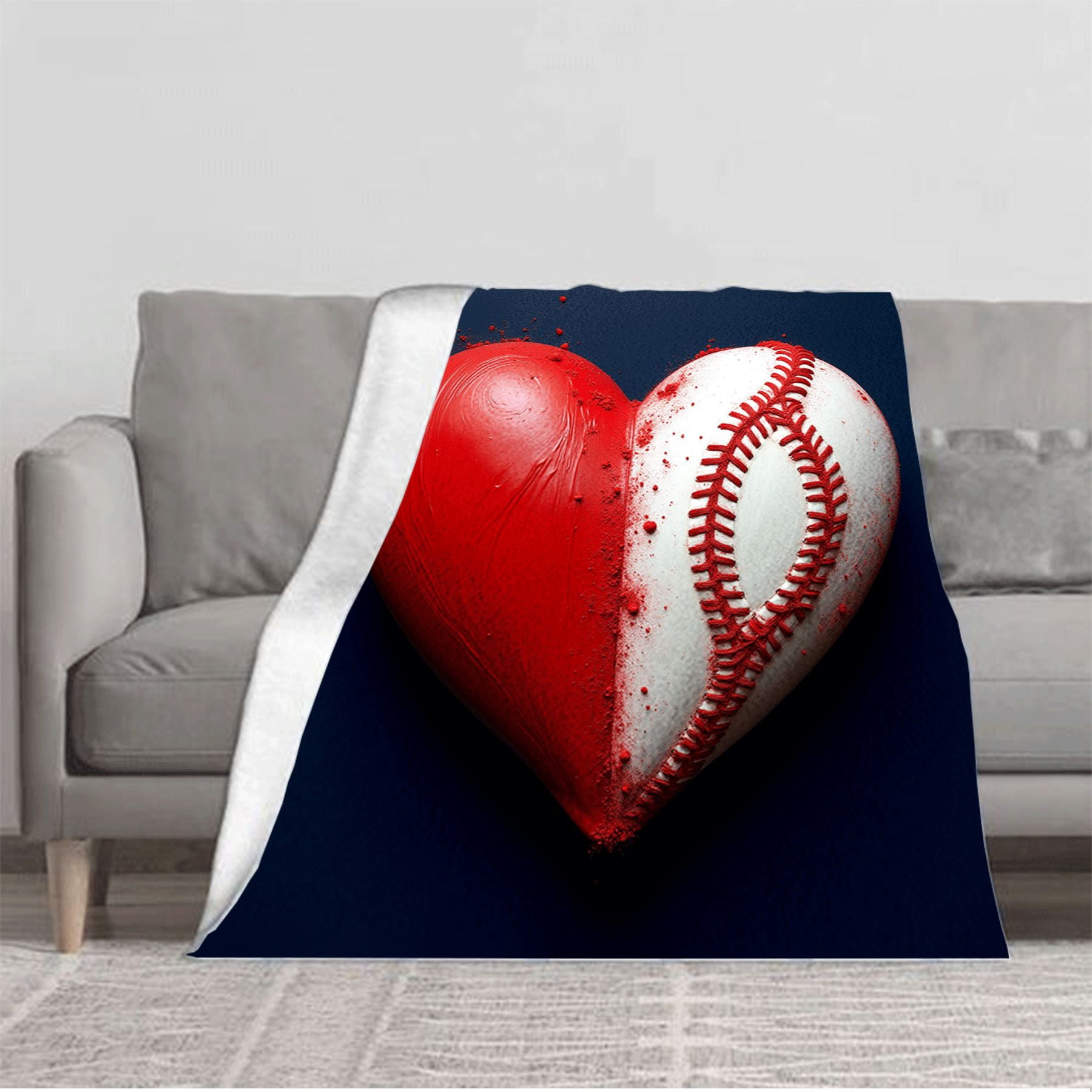 Couverture en Flanelle Confortable avec Design de Cœur Unique : Demi-Rouge Demi-Style Baseball Blanc avec Couture Rouge - Parfait pour Canapé Voyage et Lit
