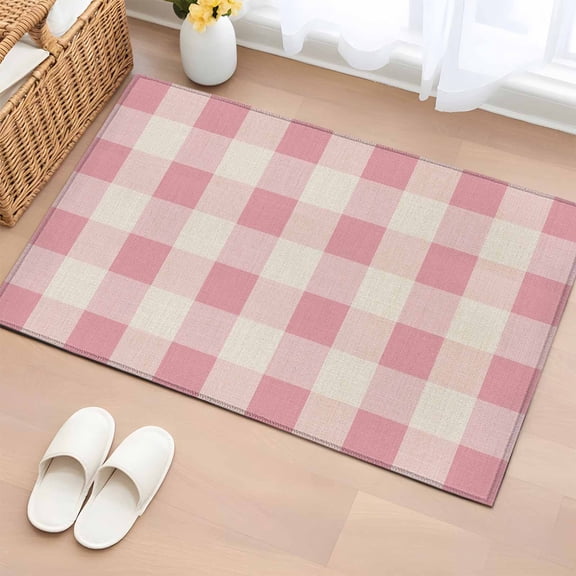 2x3 Ft Entryway Area Rug, Pink Farmhouse Kitchen Rug Runner Washable Floor Mat, Buffalo Plaid Check Lattice Geometric Non Slip Indoor Door Mat Throw Carpet for Bathroom Living Room Bedroom