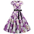thumbnail image 1 of Pompotops Robe Vintage de Soirée à Manches Courtes Col Rond avec Bandage et Fermeture Éclair pour Femmes, Imprimé Rétro de Noël, 1 of 5