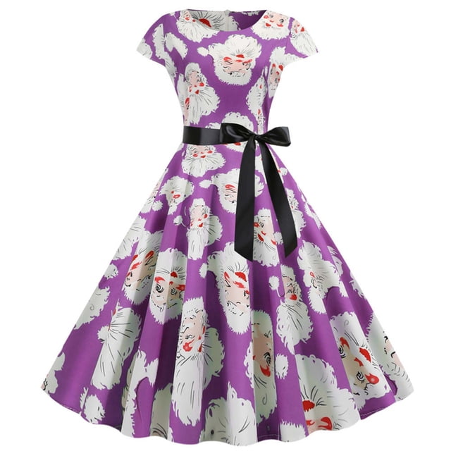 Pompotops Robe Vintage de Soirée à Manches Courtes Col Rond avec Bandage et Fermeture Éclair pour Femmes, Imprimé Rétro de Noël
