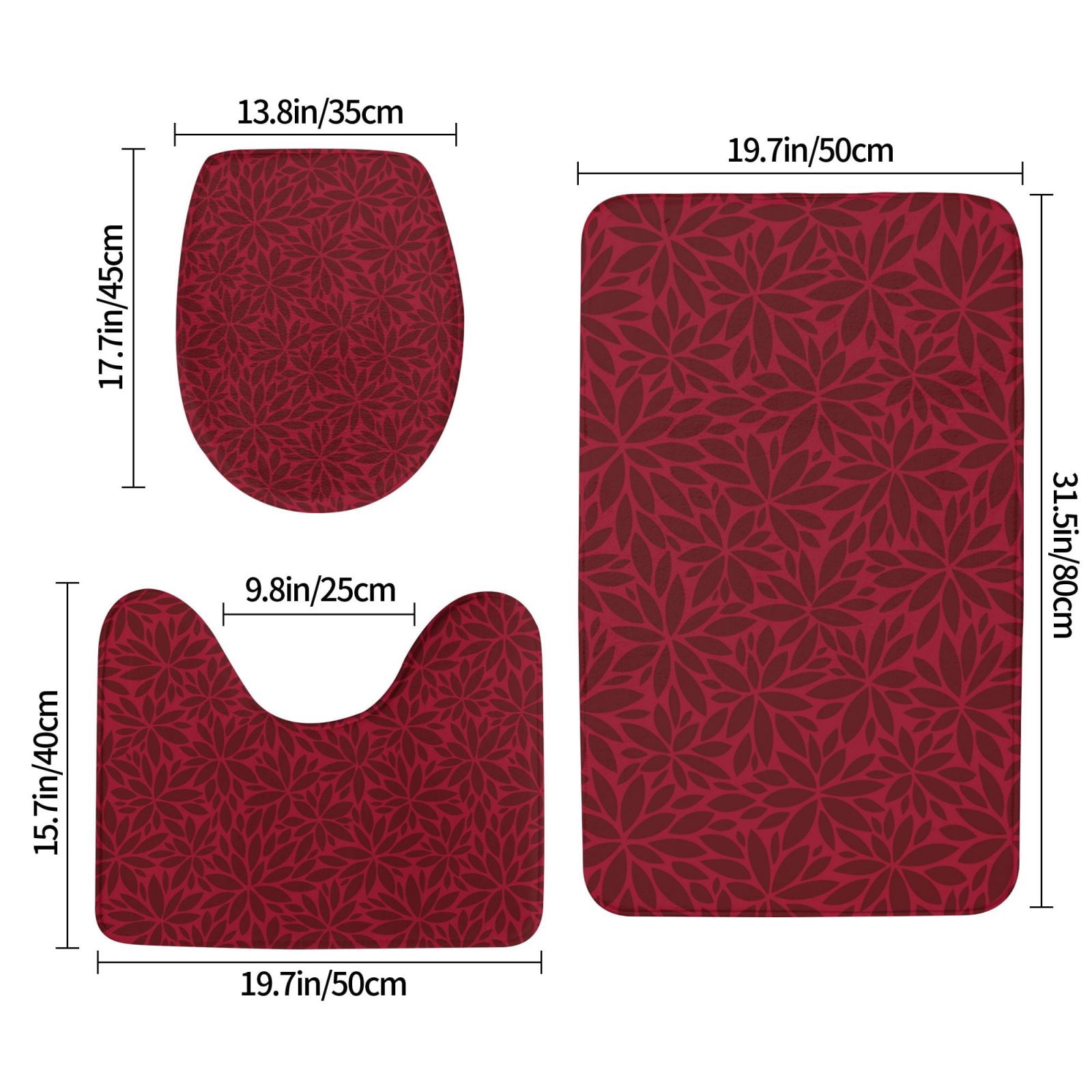 Bathroom Rugs Sets 3 Piece - Burgundy Floral Absorbent Non Slip Bath Mats, U-Shape Toilet Lid Cover, Contour Mat, Soft Washable Shower Mats Bath Rug Mat for Bathroom Tub Toilet