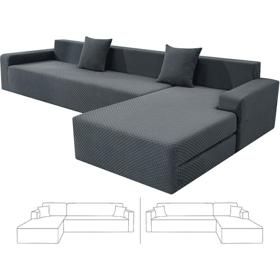Sectional Couch Covers, Stretch Jacquard Slipcovers with Elastic Bottom for L-Shape Sectional Sofa, 2 Pcs Pet Friendly Modular Sofa Protector (3 Seat Couch 3 Seat Chaise, Dark Grey)