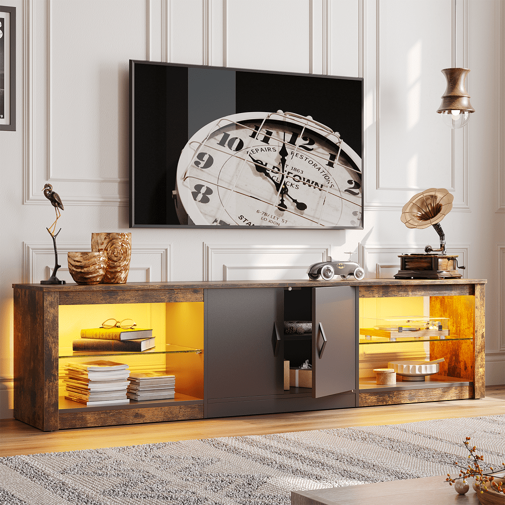 Bestier TV Stand for TVs up to 75" with Storage Cabinet, Gmaing Entertainment Center Media Console with LED Lights for Living Room, Rustic