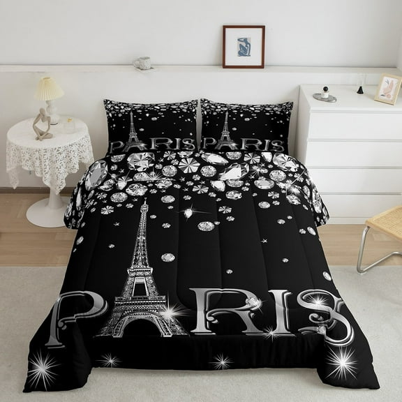 Erosebridal Paris Bedding Set Teens,Eiffel Tower Comforter Set Twin,Black White Sparkles Sequins Duvet Insert Lightweight,Gradient Diamond Down Comforter with 1 Pillow Case Home Room Decor