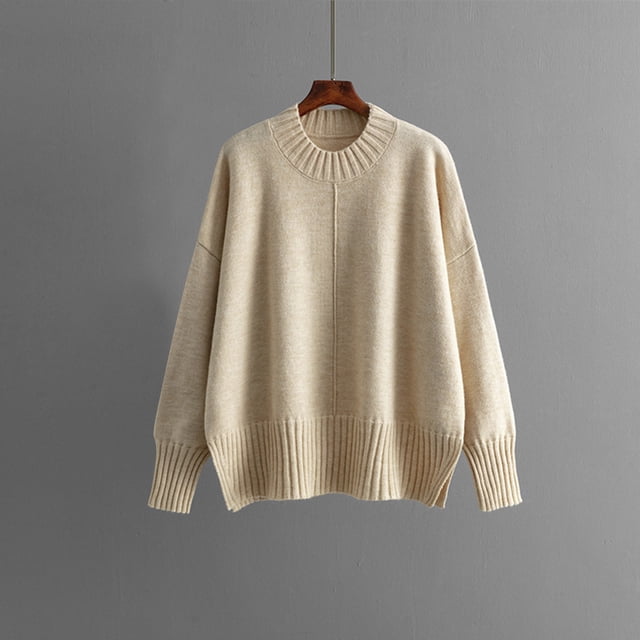 Suéter de cuello redondo para mujer, jersey de manga larga, informal, ligero, de punto suave, suéter de cuello redondo, suéter de color liso, abrigo para mujer