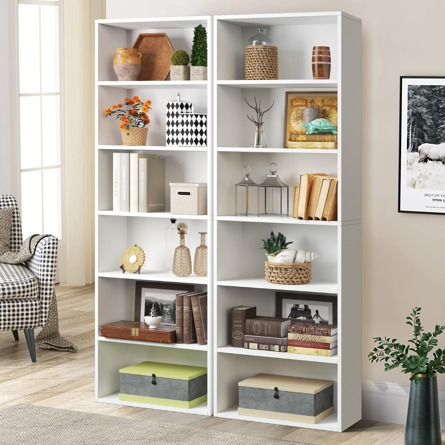 Bapipro Bookcase and Bookshelf, Floor Standing 6-Tier High Bookshelf, Display Storage Rack, Home Decorative Furniture, Suitable for Home Offices, Living Rooms, and Bedrooms,White