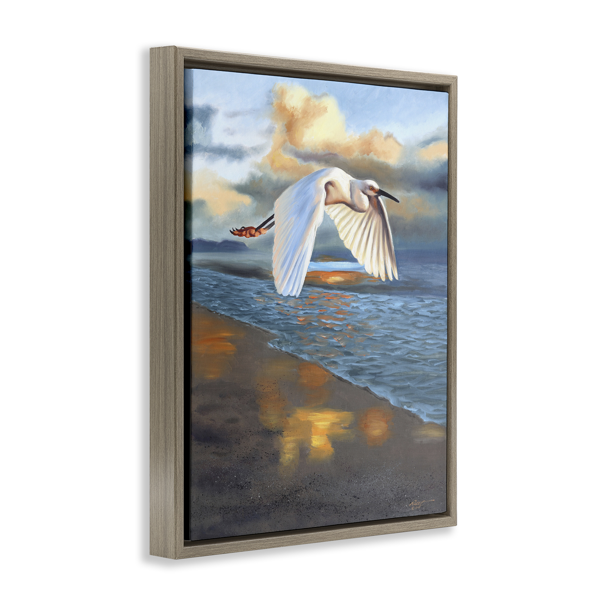 Stupell Industries Egret Wingspan over Beach Landscape Painting Brown Floater Framed Canvas Art Print Wall Art, 17 x 21