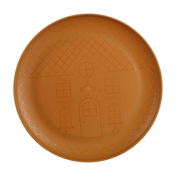 Mainstays 10.5 in Plastic Dinner Plate, Etched Gingerbread House, Gold