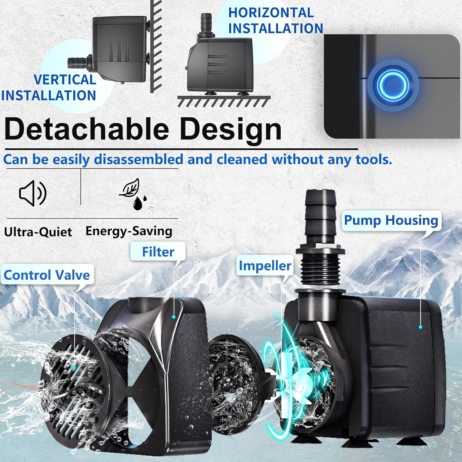 400GPH Submersible Water Pump, Ultra Quiet Fountain Pump for Ponds, Aquariums, Fish Tanks and Hydroponics. Adjustable Flow with 10ft Power Cord.