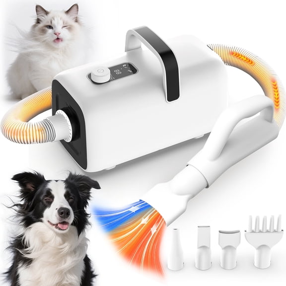 AIRROBO Dog Blower Pet Hair Dryer with Adjustable Speed Temperature, Large Dog Hair Grooming Blower after Bath Swimming, Heating Blower with 4 Nozzles