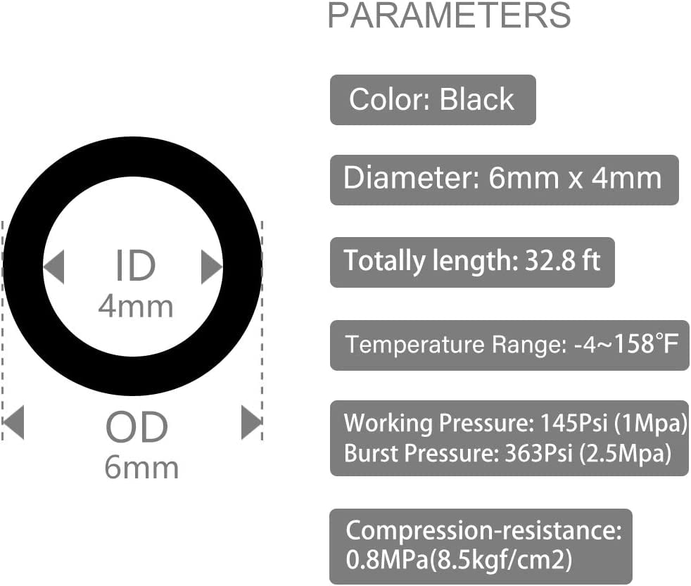 MKEUDQ-Pneumatic Tubing 6mm x 4mm PU Polyurethane Tube Air Hose Line for Air Compressor Fitting or Fluid Transfer (Black 32.8ft/10Meters)