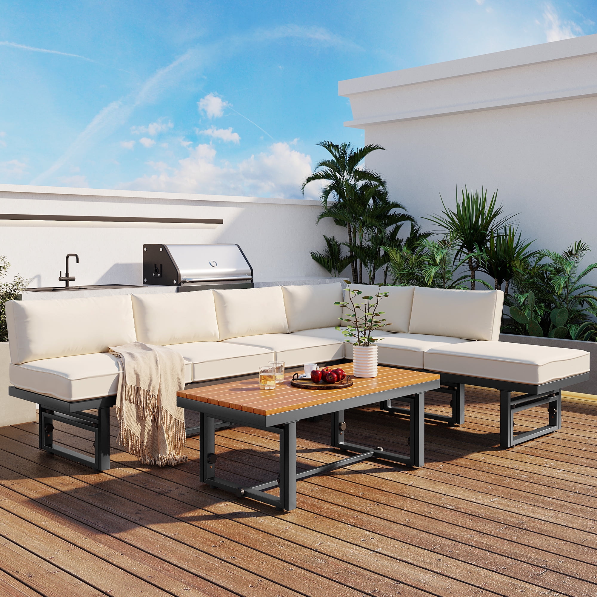Harper & Bright Designs Metal Patio Conversation Furniture Set, 3 Pieces Modern Outdoor Sectional Sofa Set with Coffee Table and Height Adjustable Seating for Garden and Backyard, Beige