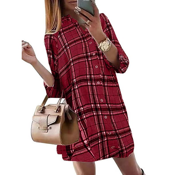 Ladies Red Black Plaid Dress Shirt