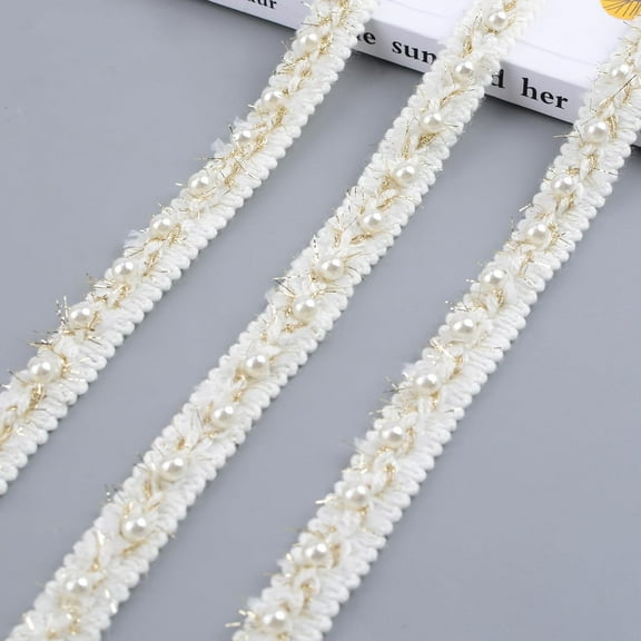 Faux Pearl Ribbon，15 Yards Gold Filigree Embroidered Trim Vintage Edging Fabric Applique for Costume Sewing DIY Lamp Shade Wedding Decors,15MM