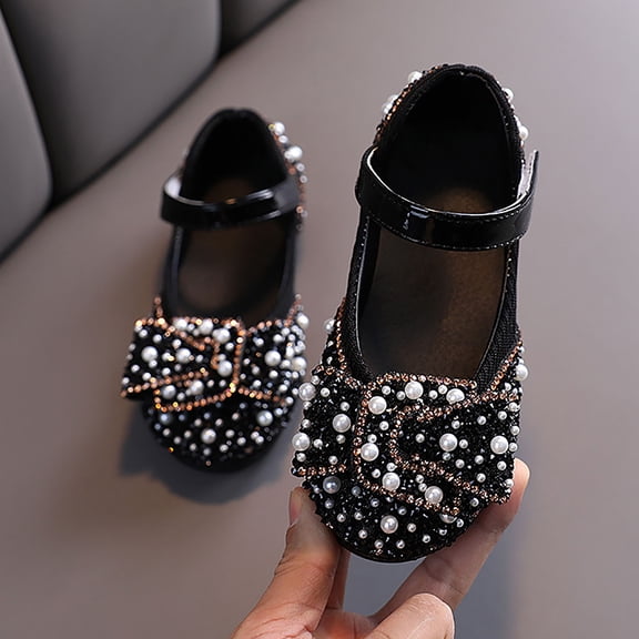 CUZIBR Baby Girls Dress Shoes Cute Adjustable Strap Sparkly Glitter Pearl Princess Mary Jane Flat Sandals Fashionable Comfy Soft Sole Party Wedding Outdoor Casual Cozy Footwear,Black,7