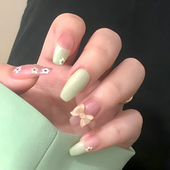 RAGUPEL Cute Bow Press on Nails Glossy Coffin Medium Fake Nails Designed Shimmer Chic Full Cover Acrylic False Nails Tips for Women and Girls 24Pcs