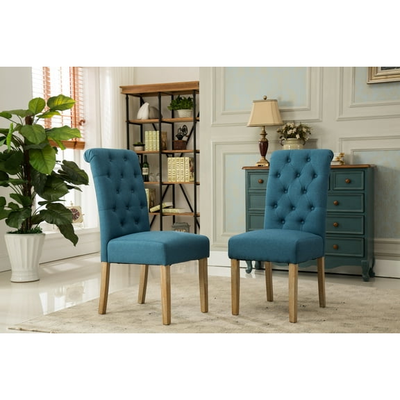 Solid Wood Tufted Parsons Dining Chair, Set of 2, Blue